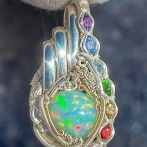 Sterling Silver Opal Pendant with Multicolor Gem Accents